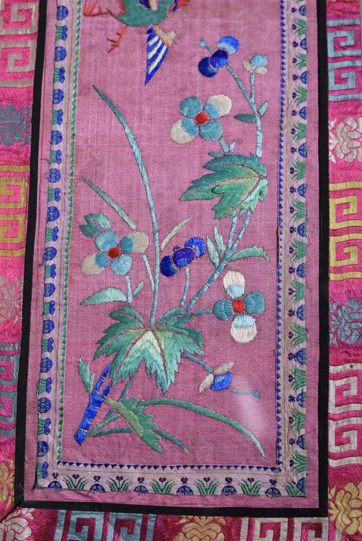 Qing-dynasty Floral Embroidery on Carmine-Red Ground