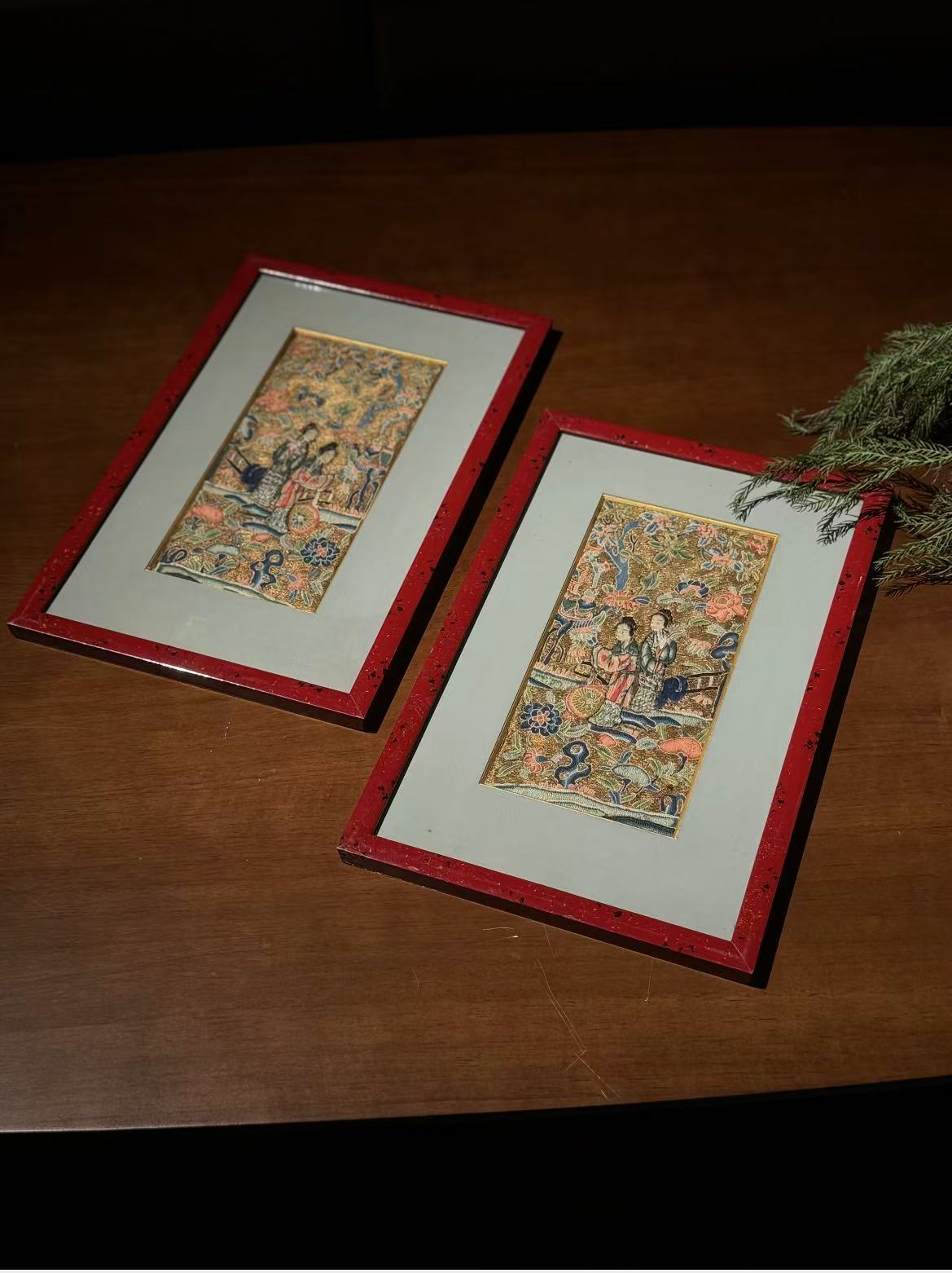 Pair of Qing-dynasty Gold-thread Ground Embroideries: Courtyard Scenes