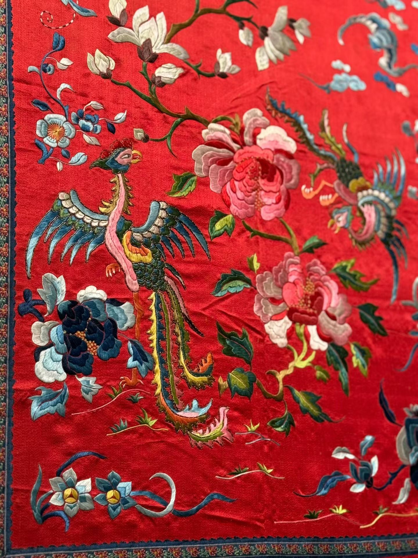 Qing-dynasty Phoenix and Peony Embroidery on Red Ground