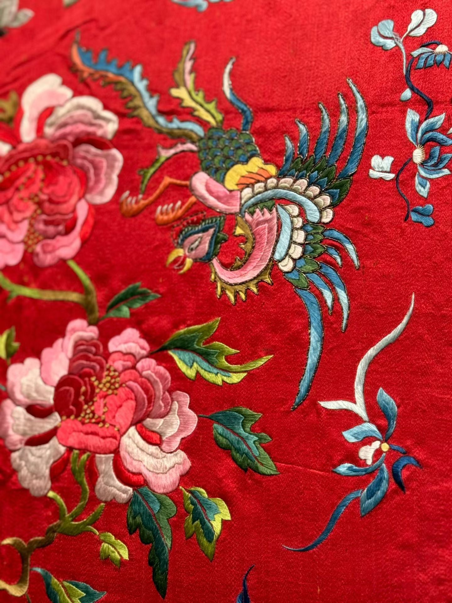 Qing-dynasty Phoenix and Peony Embroidery on Red Ground