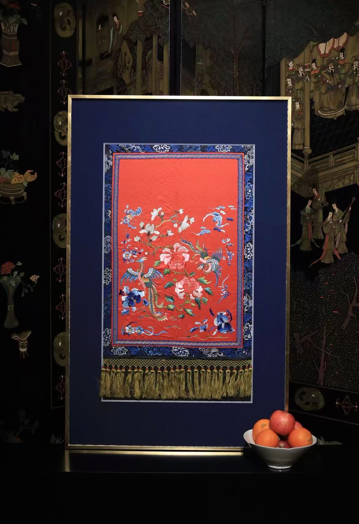 Qing-dynasty Phoenix and Peony Embroidery on Red Ground