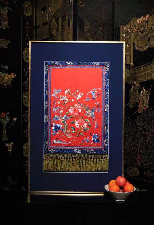 Qing-dynasty Phoenix and Peony Embroidery on Red Ground