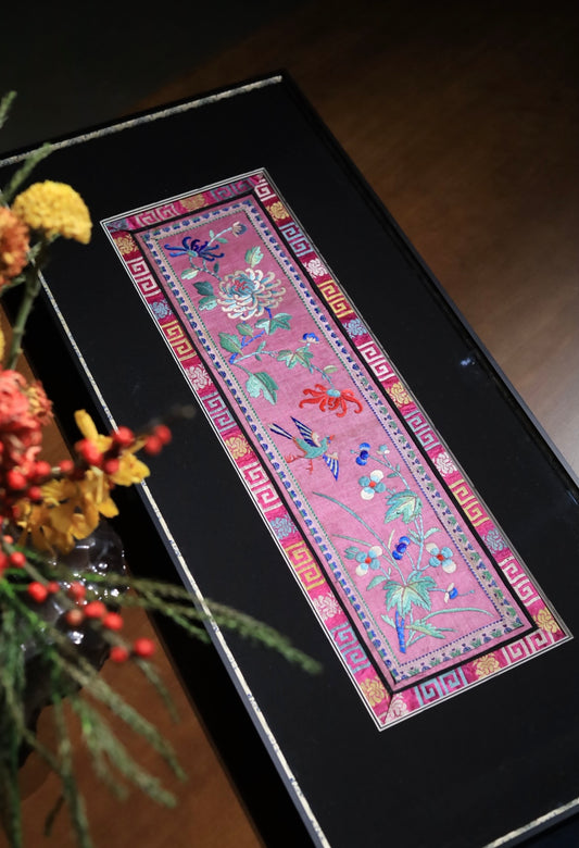 Qing-dynasty Floral Embroidery on Carmine-Red Ground