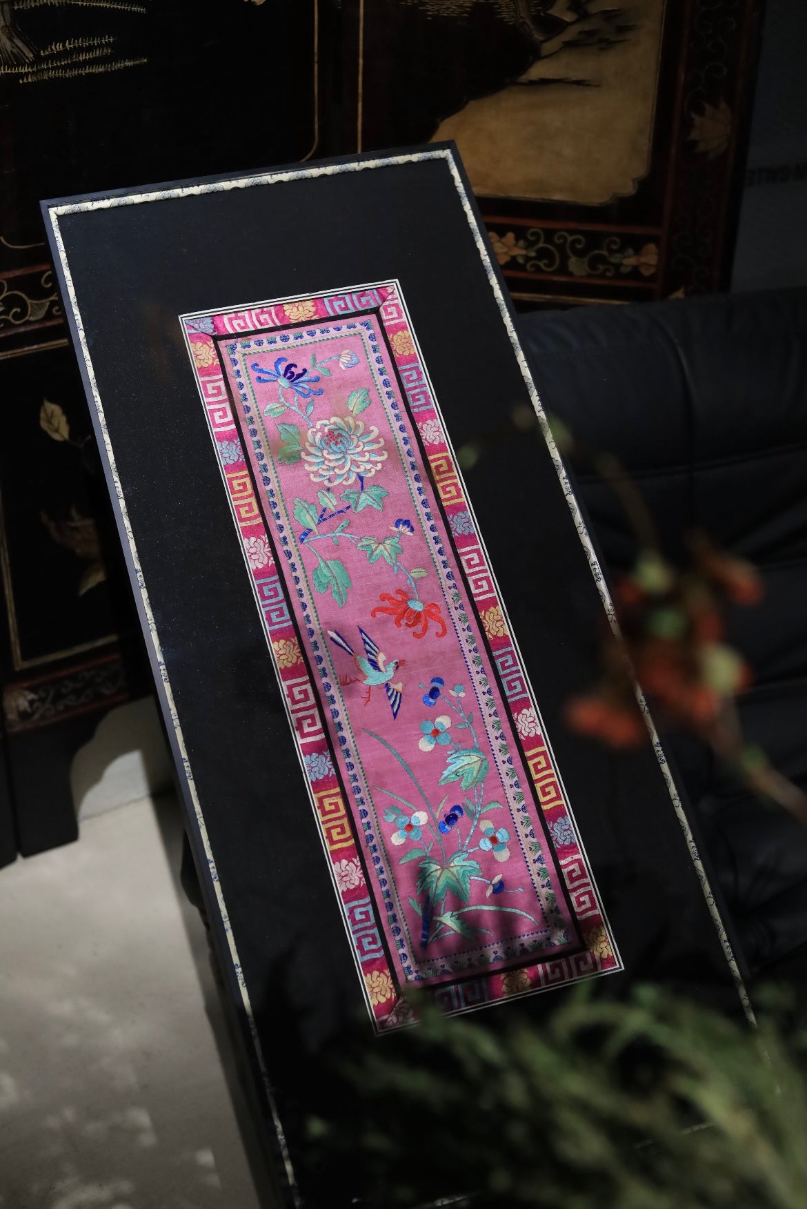Qing-dynasty Floral Embroidery on Carmine-Red Ground