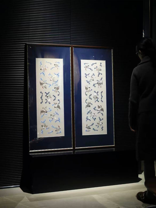 Pair of Qing-dynasty Embroidered Hanging Screens: Cranes and Clouds