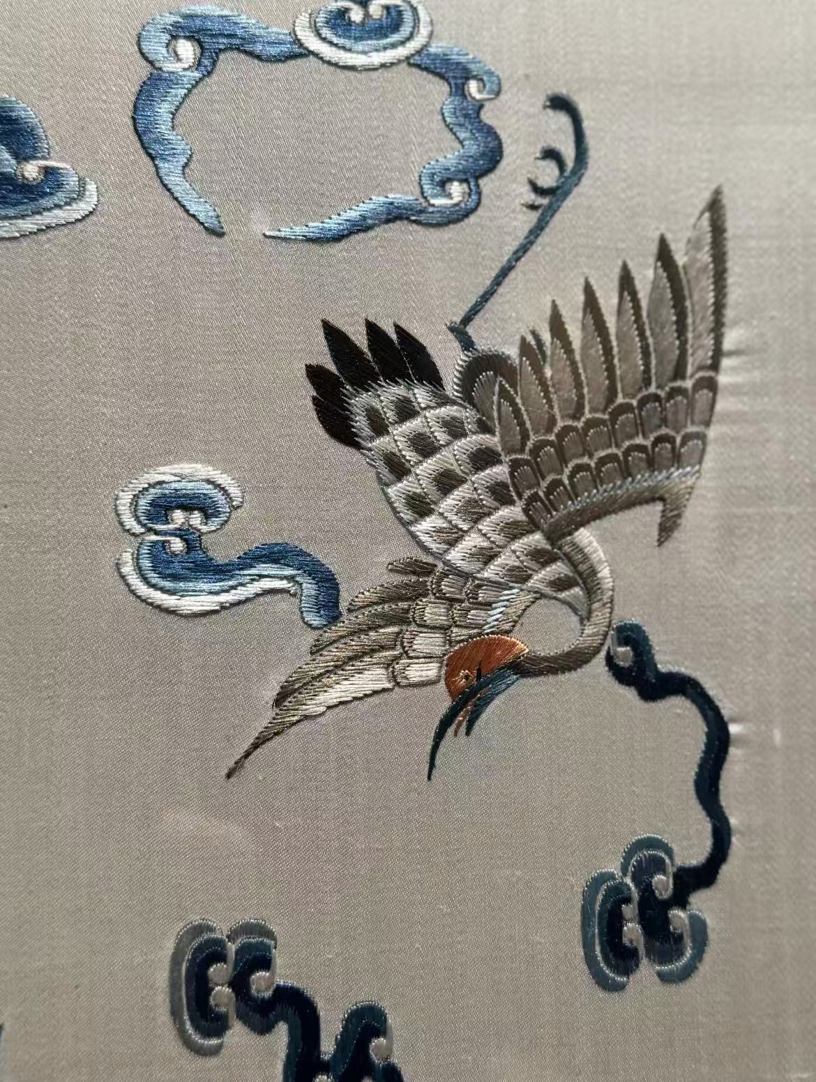 Pair of Qing-dynasty Embroidered Hanging Screens: Cranes and Clouds