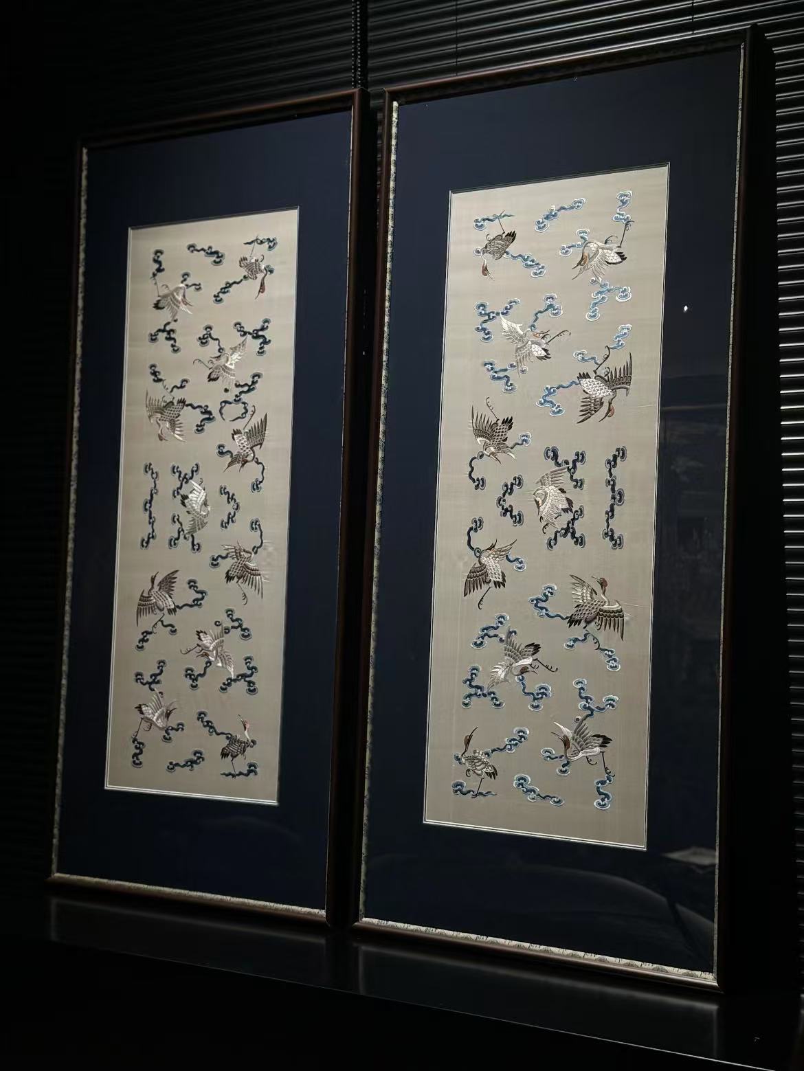 Pair of Qing-dynasty Embroidered Hanging Screens: Cranes and Clouds