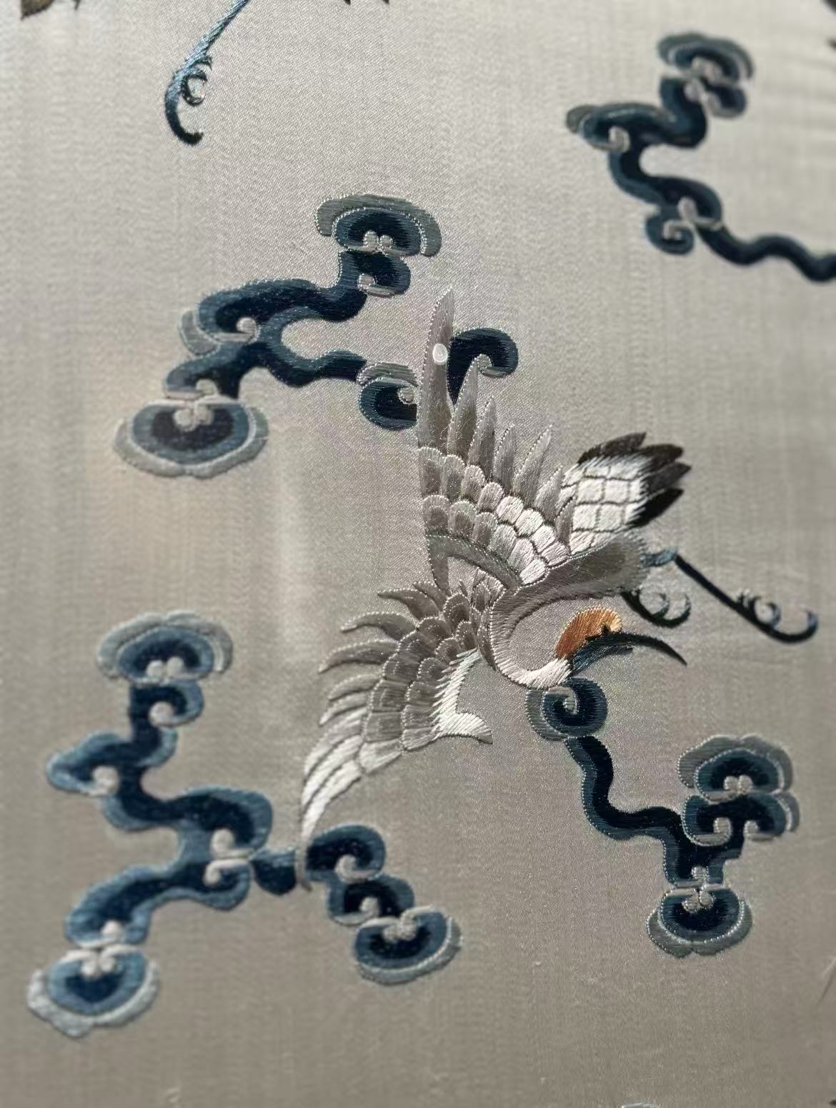 Pair of Qing-dynasty Embroidered Hanging Screens: Cranes and Clouds