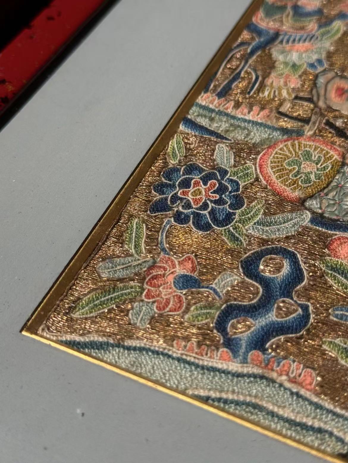 Pair of Qing-dynasty Gold-thread Ground Embroideries: Courtyard Scenes