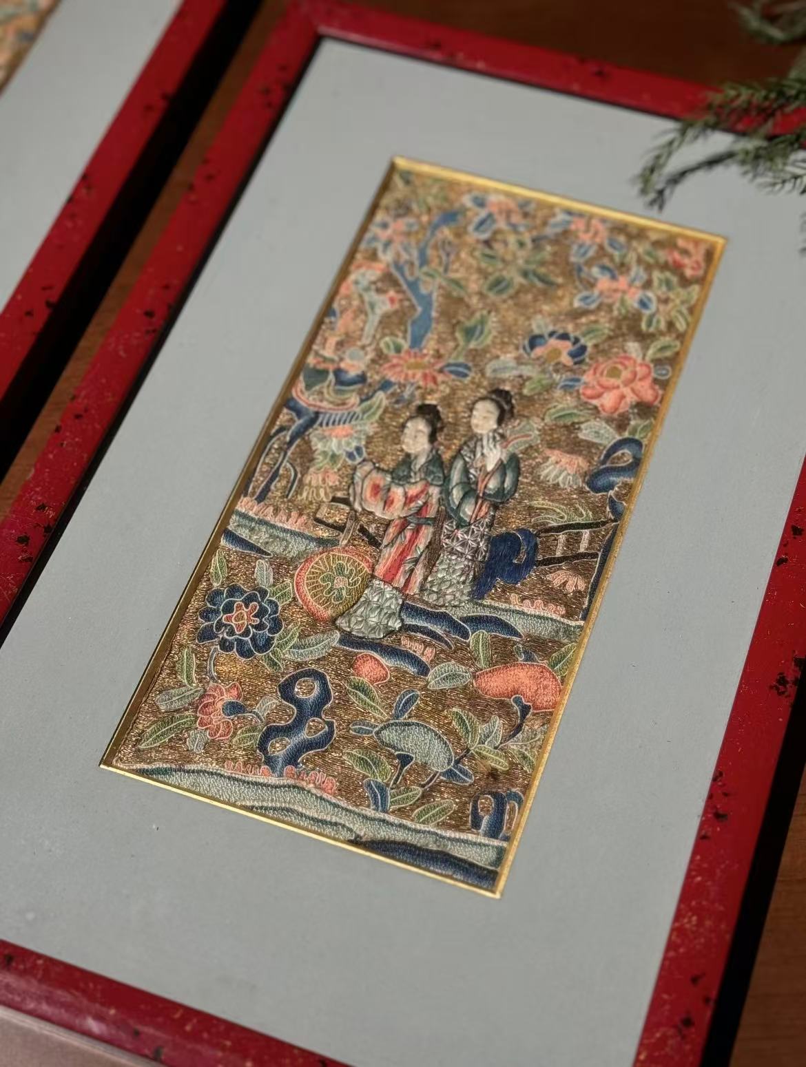 Pair of Qing-dynasty Gold-thread Ground Embroideries: Courtyard Scenes