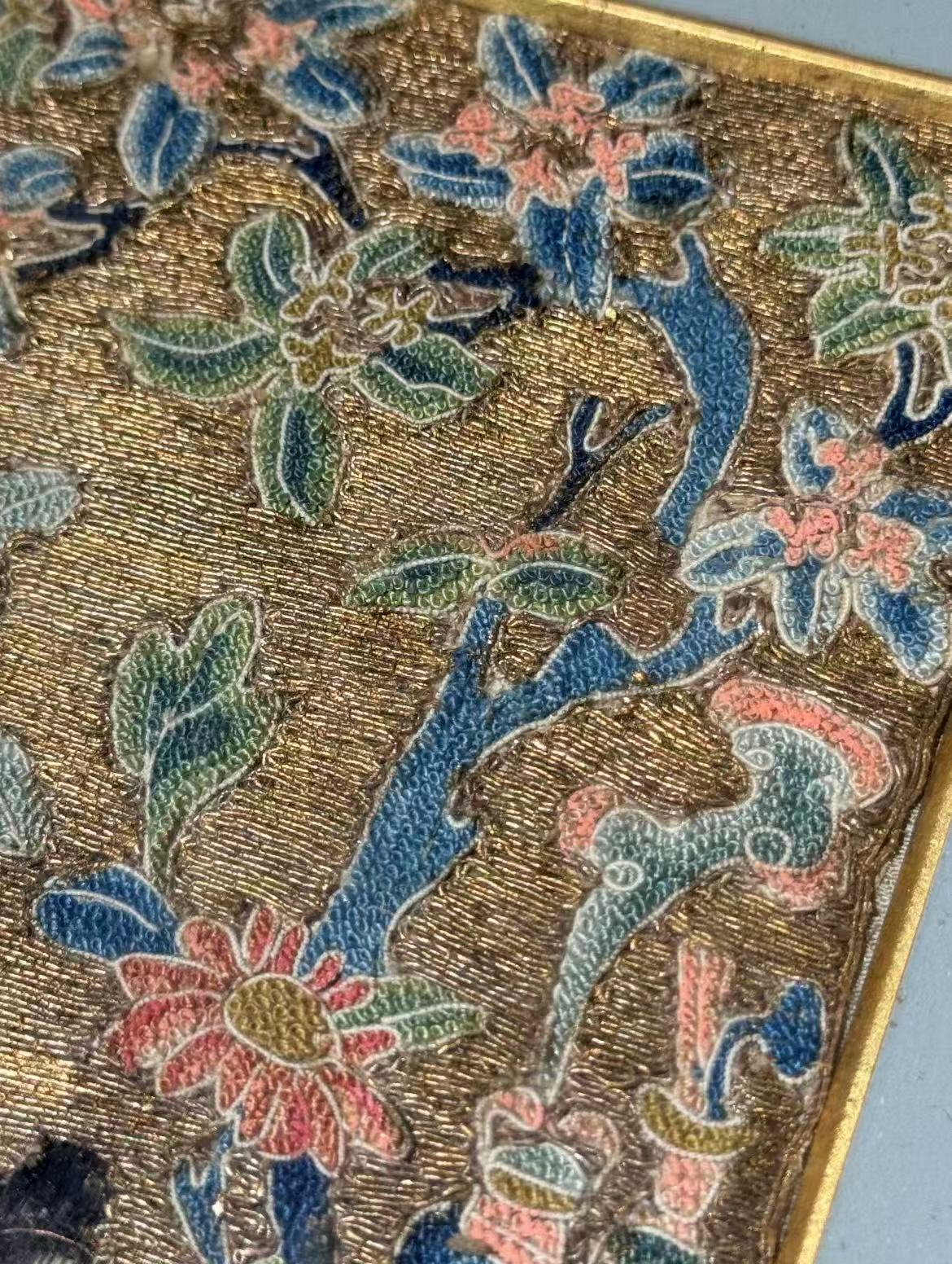Pair of Qing-dynasty Gold-thread Ground Embroideries: Courtyard Scenes