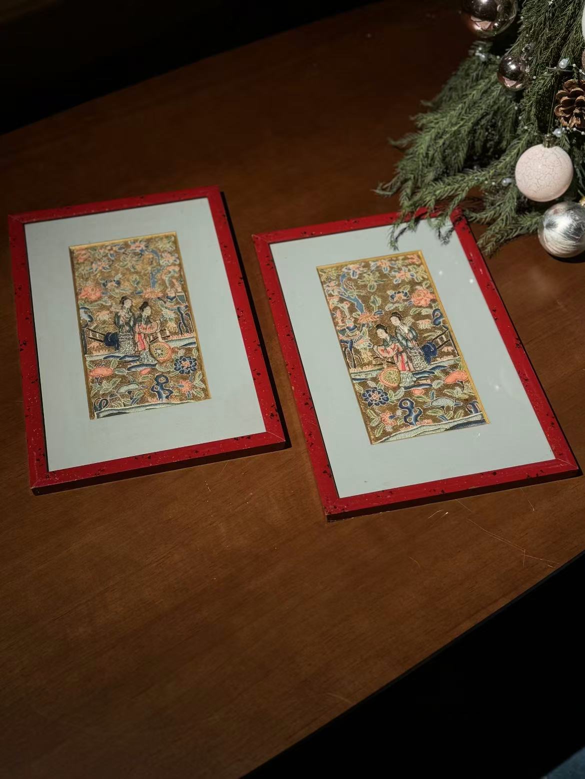 Pair of Qing-dynasty Gold-thread Ground Embroideries: Courtyard Scenes