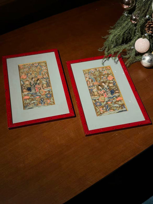 Pair of Qing-dynasty Gold-thread Ground Embroideries: Courtyard Scenes